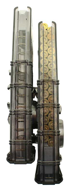 Coupled ETS mags are staggered slightly to allow magazine to clear ejection port cover on AR-15 rifles.