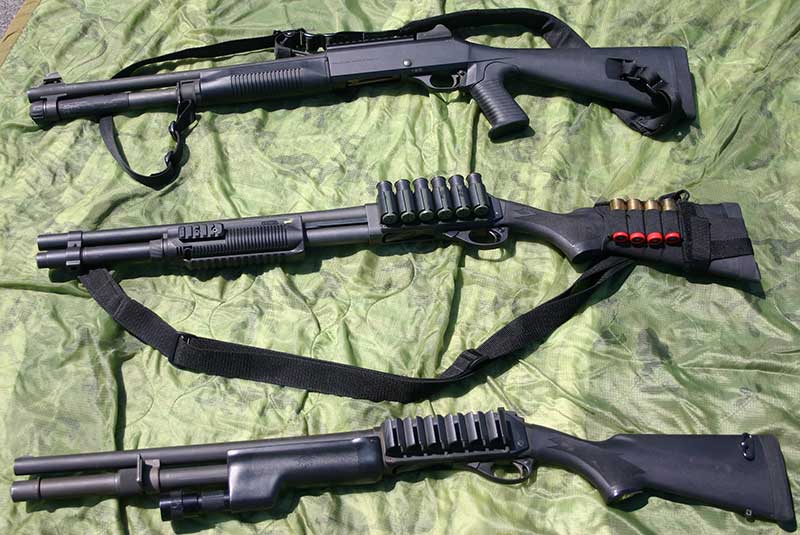Three good tactical shotguns: Benelli M4 semi-auto and two Remington 870s. Bottom gun is custom build from <a href=
