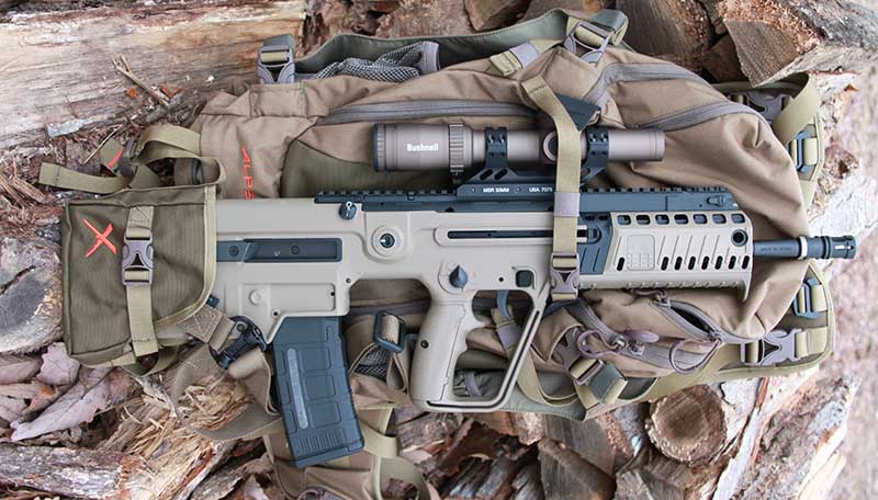 Major attribute of IWI Tavor X95 is 16-inch barrel while maintaining overall length similar to SBR platform. It is easily transported in packs such as ALPS OutdoorZ Hybrid X.