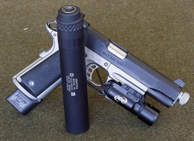 Add a Gemtech GM-45 suppressor to a rail gun with mounted light and you have a gun that should handle any mission.
