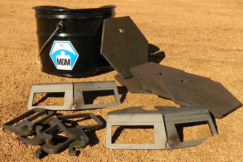 MGM Steel Challenge Plate Rack comes packed in a sturdy reusable steel bucket that contains six targets, six hooks, and two beam hangers.