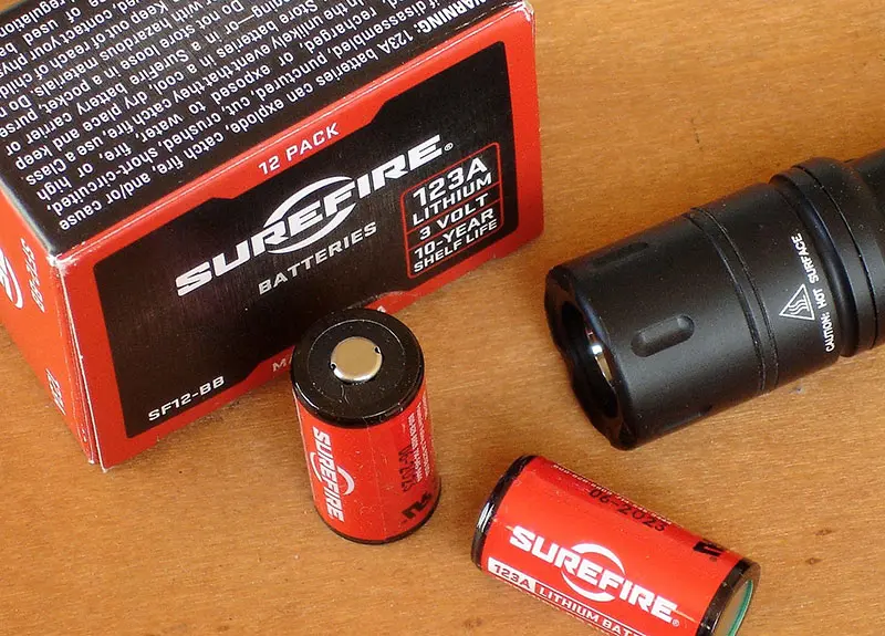 Tactician is powered by pair of 3-volt 123A lithium batteries. Author recommends SureFire 123A batteries, which are designed for high-drain applications and can be bought in bulk to save money.