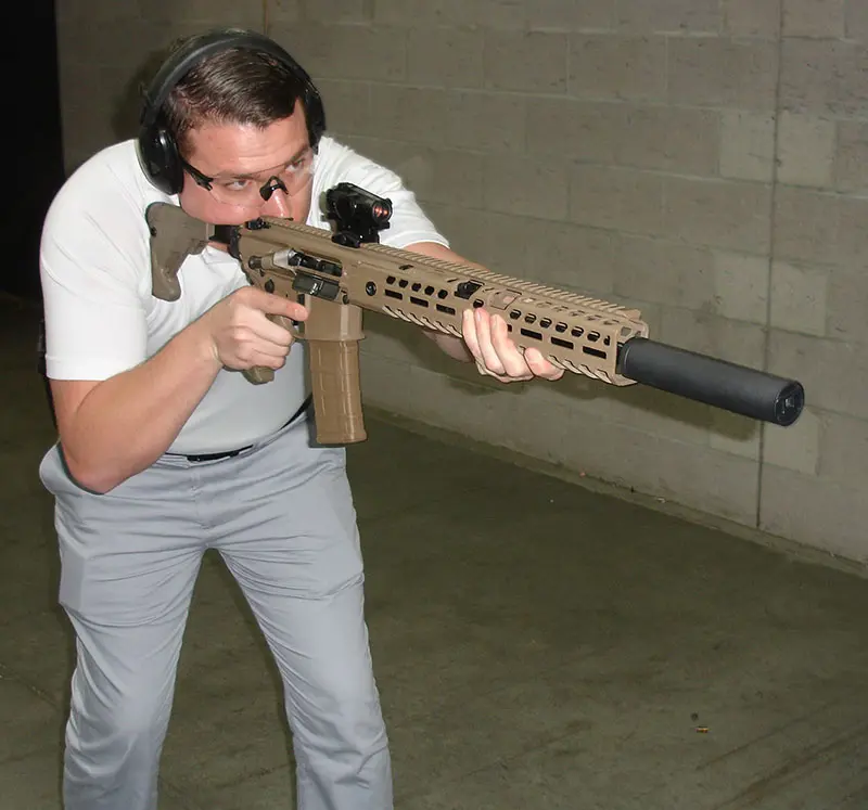 NRA Instructor Jake Bower on C2 Tactical range with .300 BLK SIG MCX equipped with Gemtech GMT-300BLK sound suppressor.