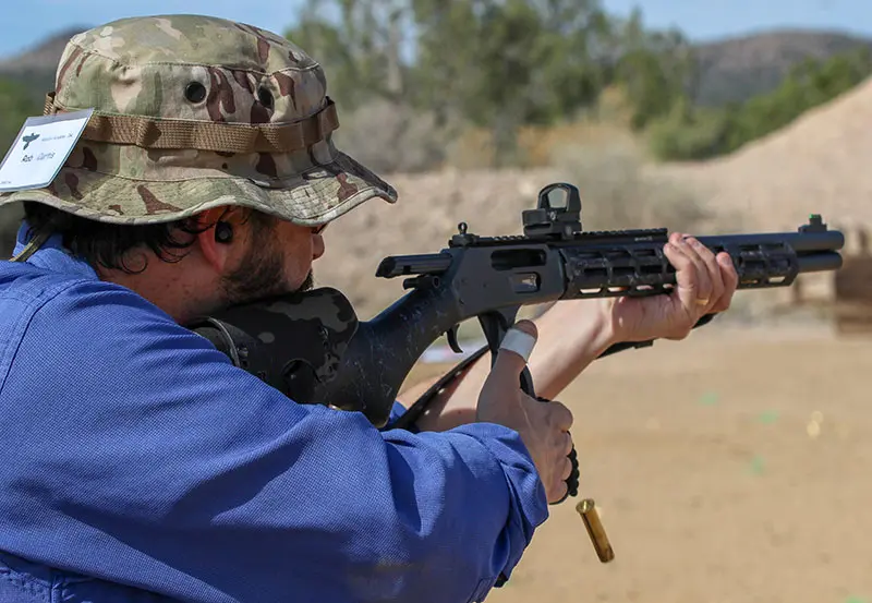 Writer Rob Curtis fires drill with his customized tactical lever gun.