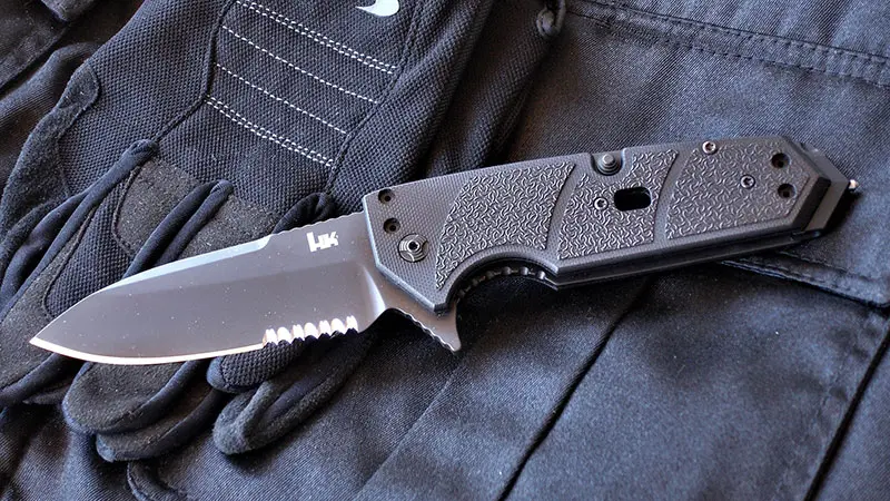 HK Karma is versatile new knife from Hogue Knives designed for duty. Author tested this version with spearpoint blade and black G10 handles.