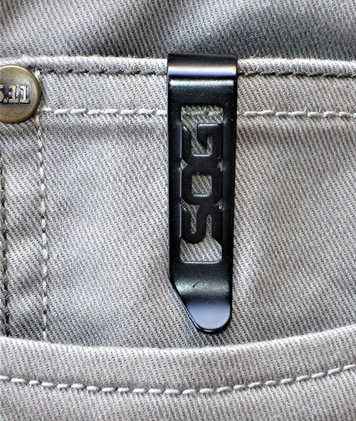 Strat Ops has a reversible low-carry pocket clip for tip-up carry. Knife disappears in a pocket. Only clip is visible.