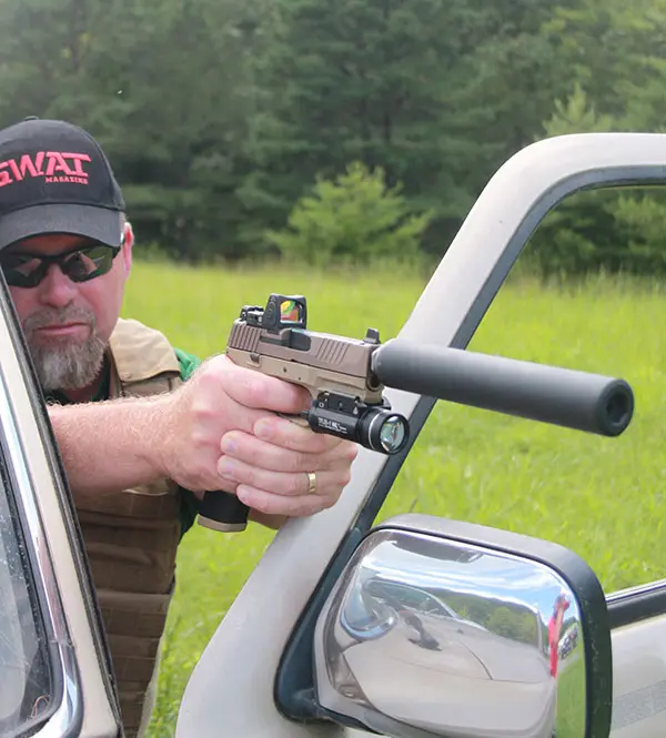 Training drills involving simulated cover such as EVTC range vehicle allowed FN 509 Tactical to be evaluated in dynamic settings with rapid strings of fire.