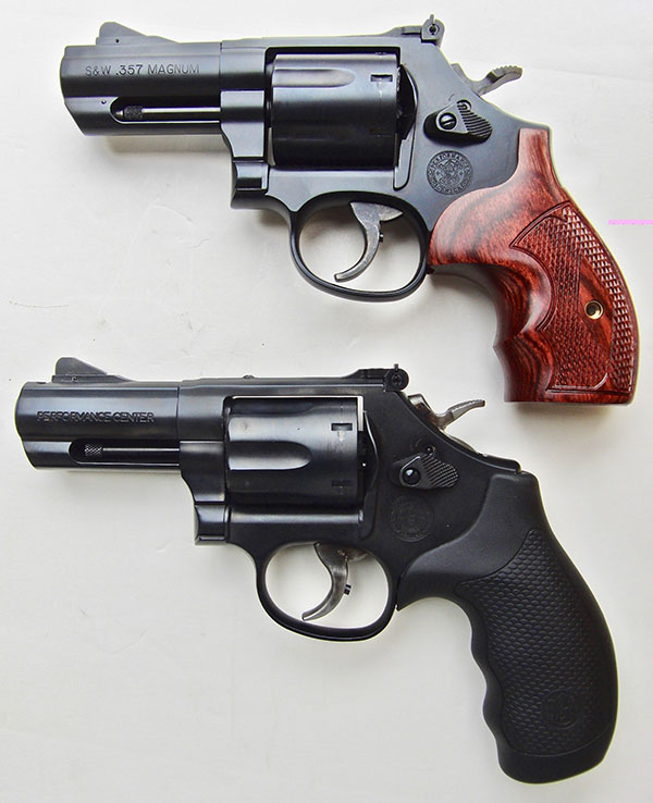Top: heavier and bulkier S&W Model 586 Carry Comp, which holds seven rounds.