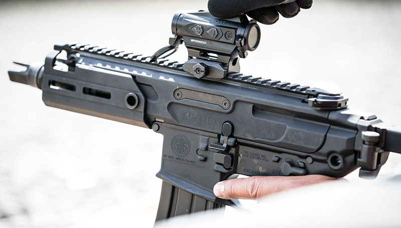 MCX Rattler has full-length MIL-STD-1913 (Picatinny) rail on top for attaching accessories, as well as M-LOK attachment points on handguard. Rattler shown with SIG Romeo 4T 1x20mm <a href=