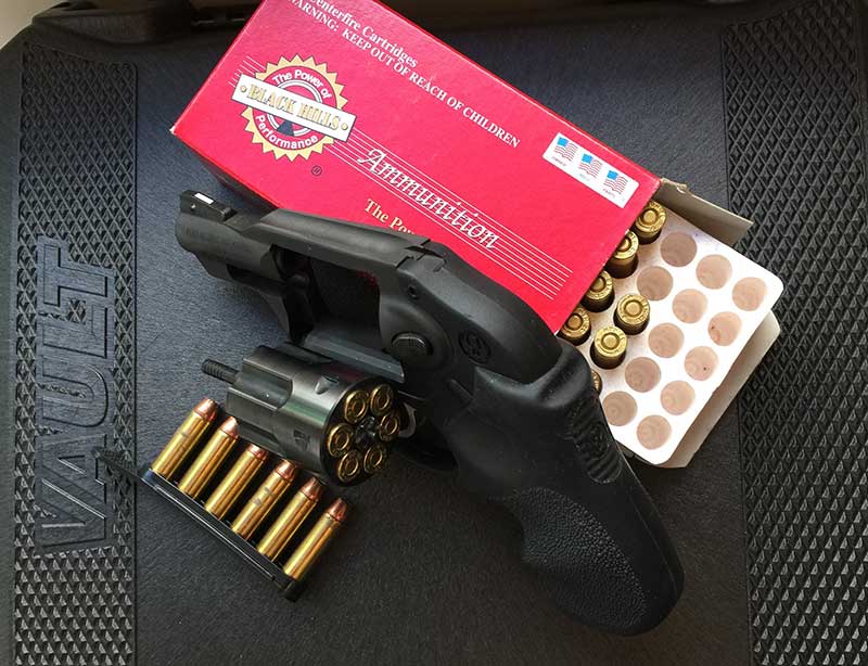 Author was comfortable carrying Ruger LCR in .327 Magnum stoked with milder .32 H&R Black Hills 85-grain JHP ammo and TUFF strip holding extra six rounds.