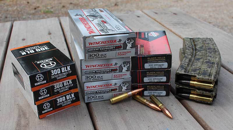 .300 BLK ammo Gemtech, Winchester, and Black Hills .300 BLK ammo. Author stocked 100 rounds of each for special purposes.
