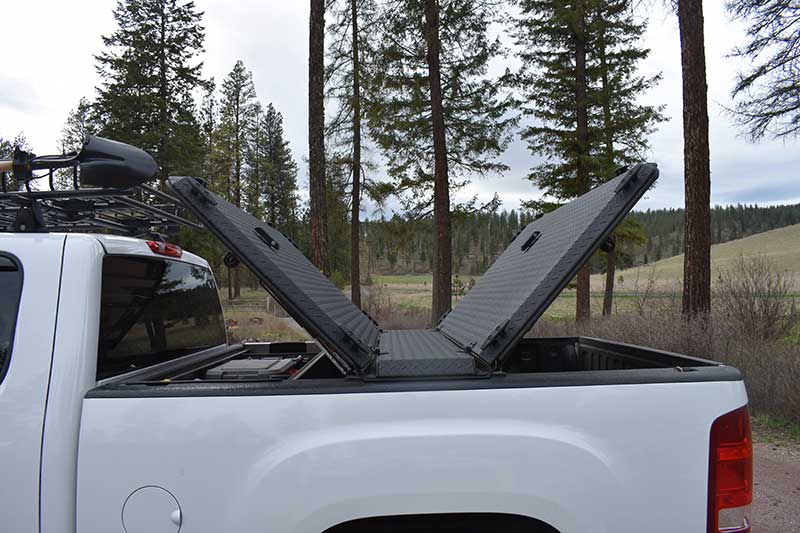 DiamondBack bed cover opens from both ends and the rear.