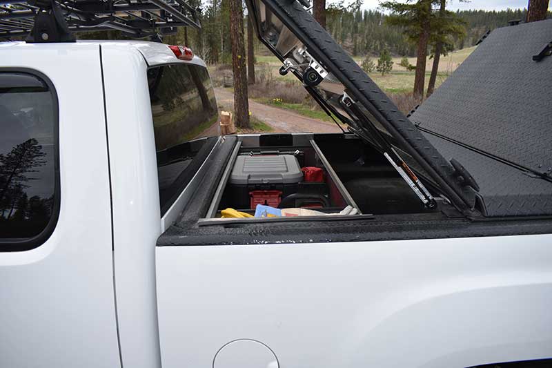 DiamondBack’s front hatch accesses Crossbin, which holds all gear pictured below.