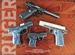 Clockwise from top: Ruger Mark IV, SR1911 Lightweight Commander, LCP II, American Compact.