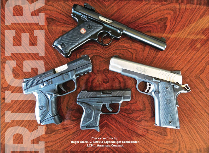 Clockwise from top: Ruger Mark IV, SR1911 Lightweight Commander, LCP II, American Compact.