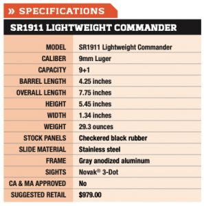 SR1911 LIGHTWEIGHT COMMANDER MODEL SR1911 Lightweight Commander CALIBER 9mm Luger CAPACITY 9+1 BARREL LENGTH 4.25 inches OVERALL LENGTH 7.75 inches HEIGHT 5.45 inches WIDTH 1.34 inches WEIGHT 29.3 ounces STOCK PANELS Checkered black rubber SLIDE MATERIAL Stainless steel FRAME Gray anodized aluminum SIGHTS Novak® 3-Dot CA & MA APPROVED No SUGGESTED RETAIL $979.00