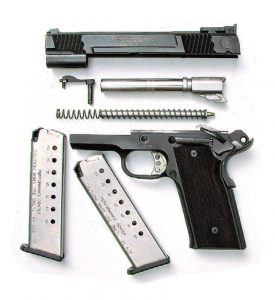 Author’s-945-field-stripped-shows-linkless-barrel-and-14-pound-recoil-spring-with-guide-rod-that-has-its-own-internal-spring