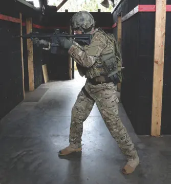 … or a tactical situation, the demands on the shooter are the same. With a deep aggressive fighting stance, you are set up to fire the fastest, most accurate shots possible.