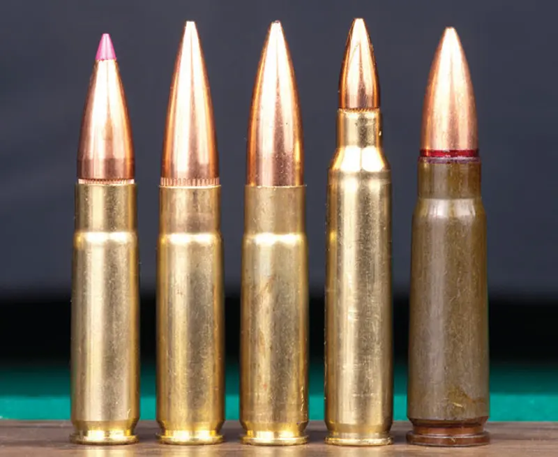 .300-BLK-(7.62x35mm)-125-grain-polymer-tipped-(left),-.300-BLK-125-grain-match,-.300-BLK-220-grain-subsonic,-5.56x45mm-NATO,-and-7.62x39mm
