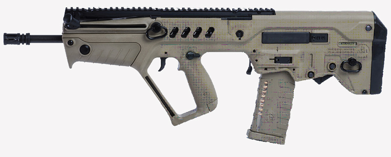Americanized-16.5-inch-barreled-IWI-US-Tavor-SAR-in-Flat-Dark-Earth-with-sling-swivels-and-magazine-with-round-count-window