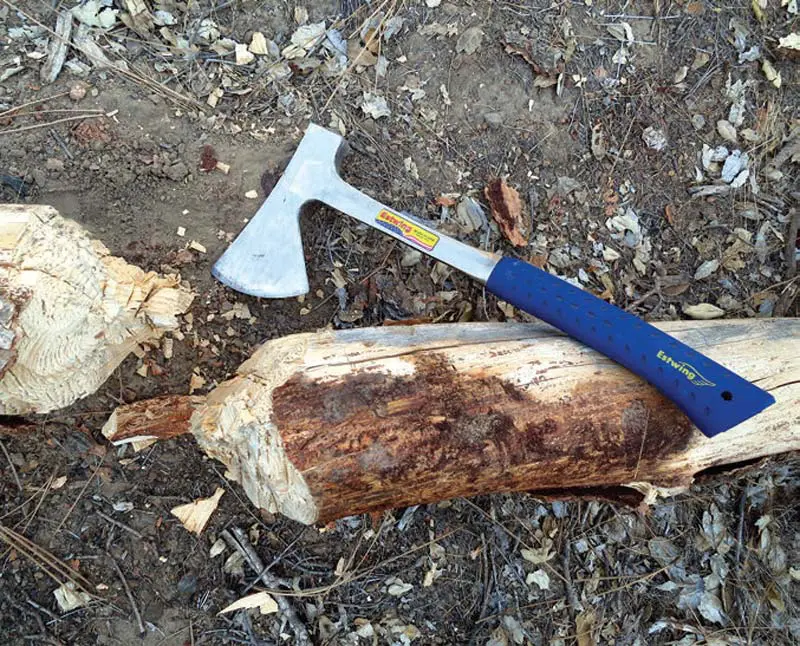 Estwing-Camper’s-Axe-with-18-inch-handle-was-used-to-section-this-eight-inch-thick-dead-pine-tree-by-chopping-opposing-V-notches-in-either-side.