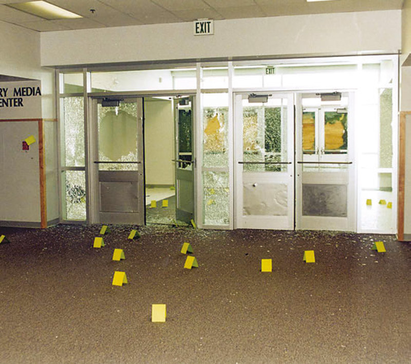 Numerous-crime-scene-markers-in-hallway-at-Columbine-High-School-in-Colorado
