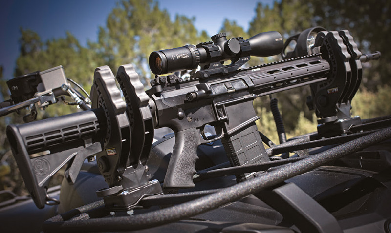 Ruger-SR-762-rifle-topped-with-Burris-scope-and-mounted-in-gun-rack-of-a-Yamaha-Grizzly