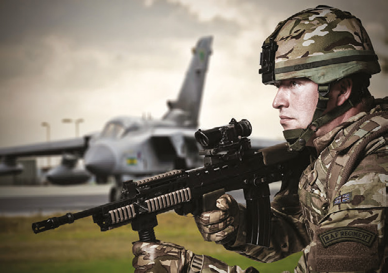 RAF-Regiment-member-armed-with-L85A2-rifle-with-rail-system-and-vertical-fore¬grip